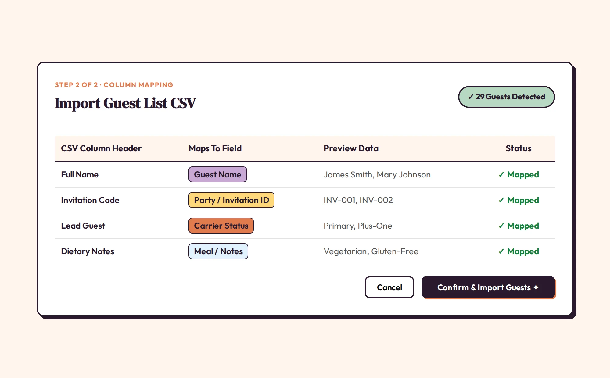 Mapping CSV columns to SeatCanvas
