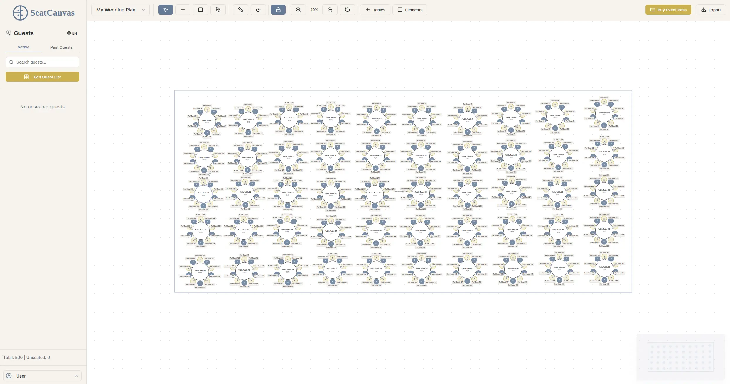 SeatCanvas infinite canvas showing a large scale event seating layout