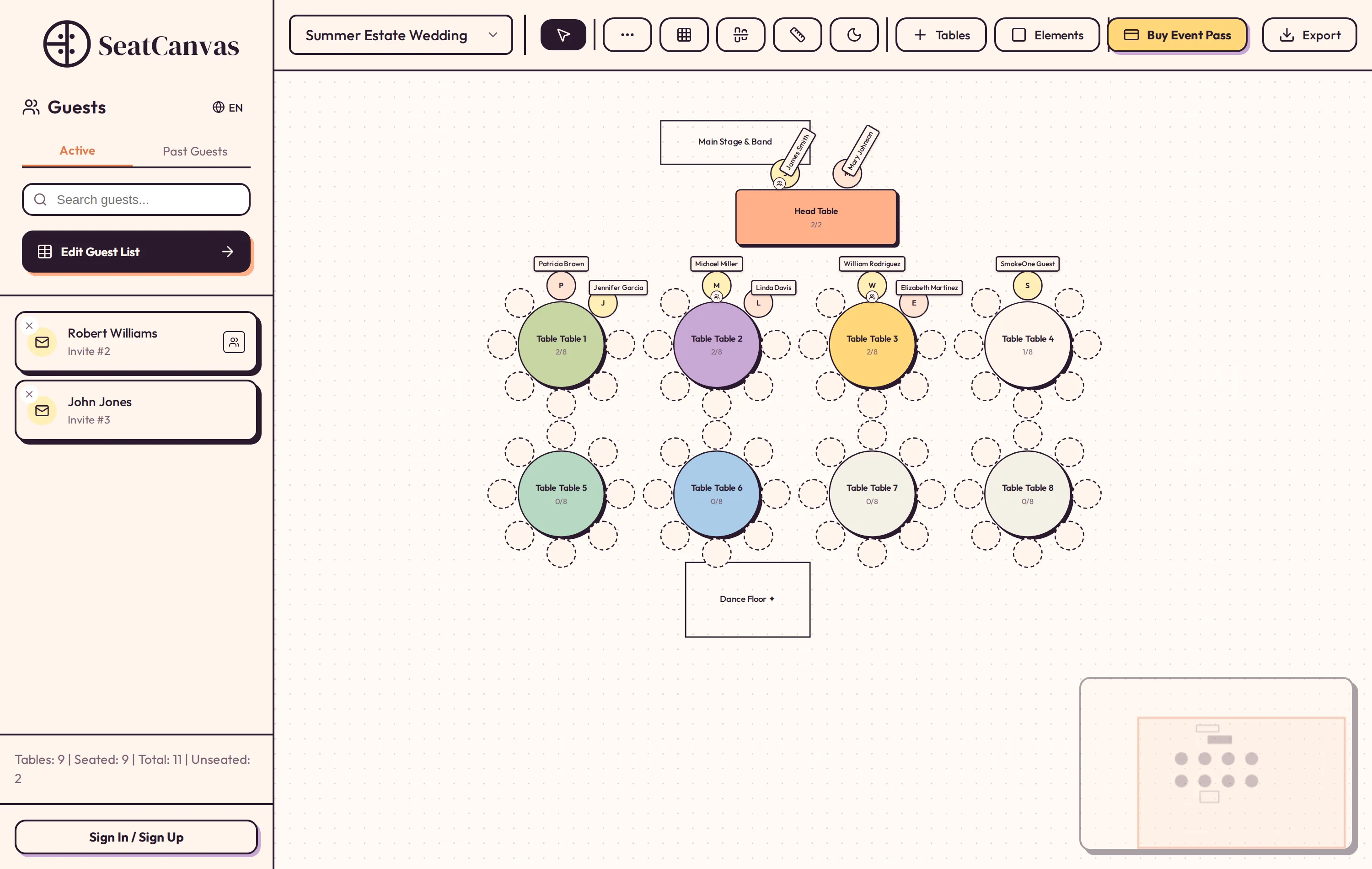 SeatCanvas infinite canvas showing a large scale event seating layout