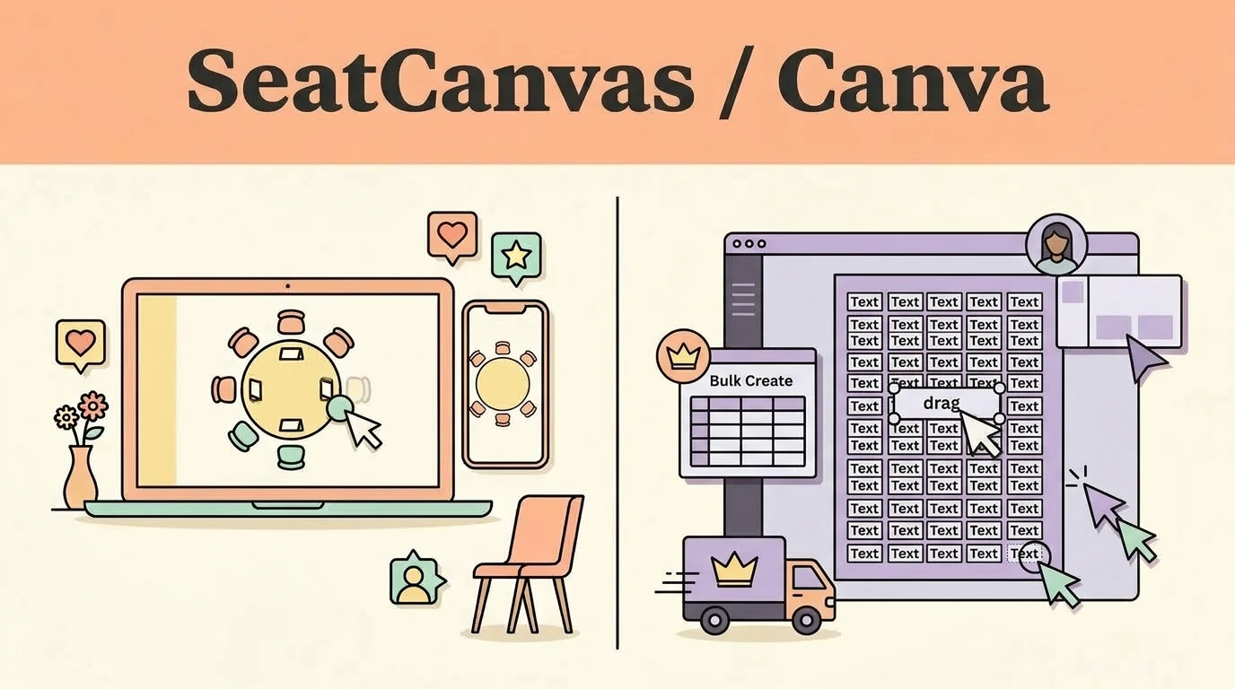 Canva drawn as a poster template packed with text boxes, a crown-locked Bulk Create panel and a crown delivery truck, beside the SeatCanvas chart with guests at a round table on a laptop and phone