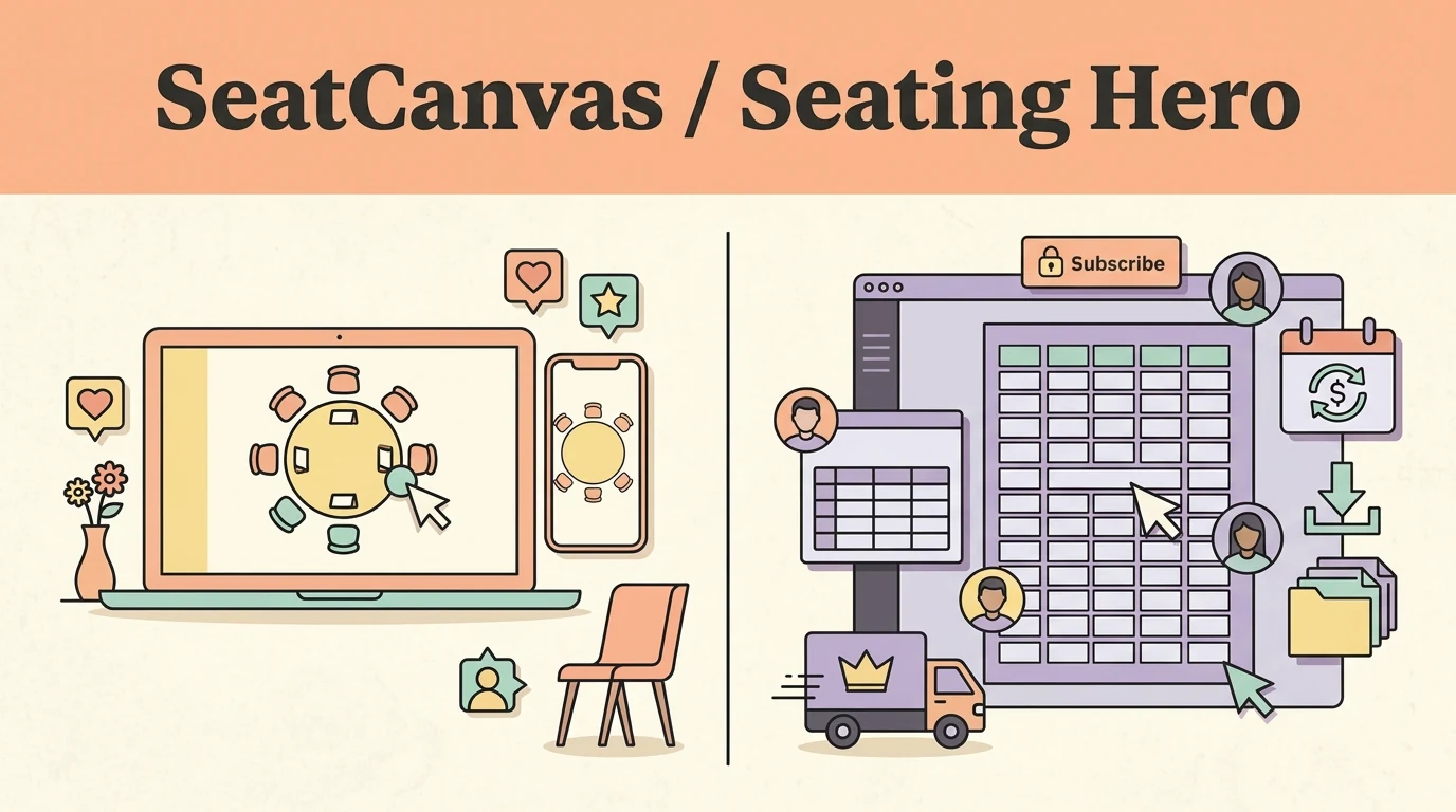 Seating Hero drawn as a subscription dashboard with recurring billing notices, collaborator cursors, and guest tier limits, beside the SeatCanvas seating chart on a laptop and phone
