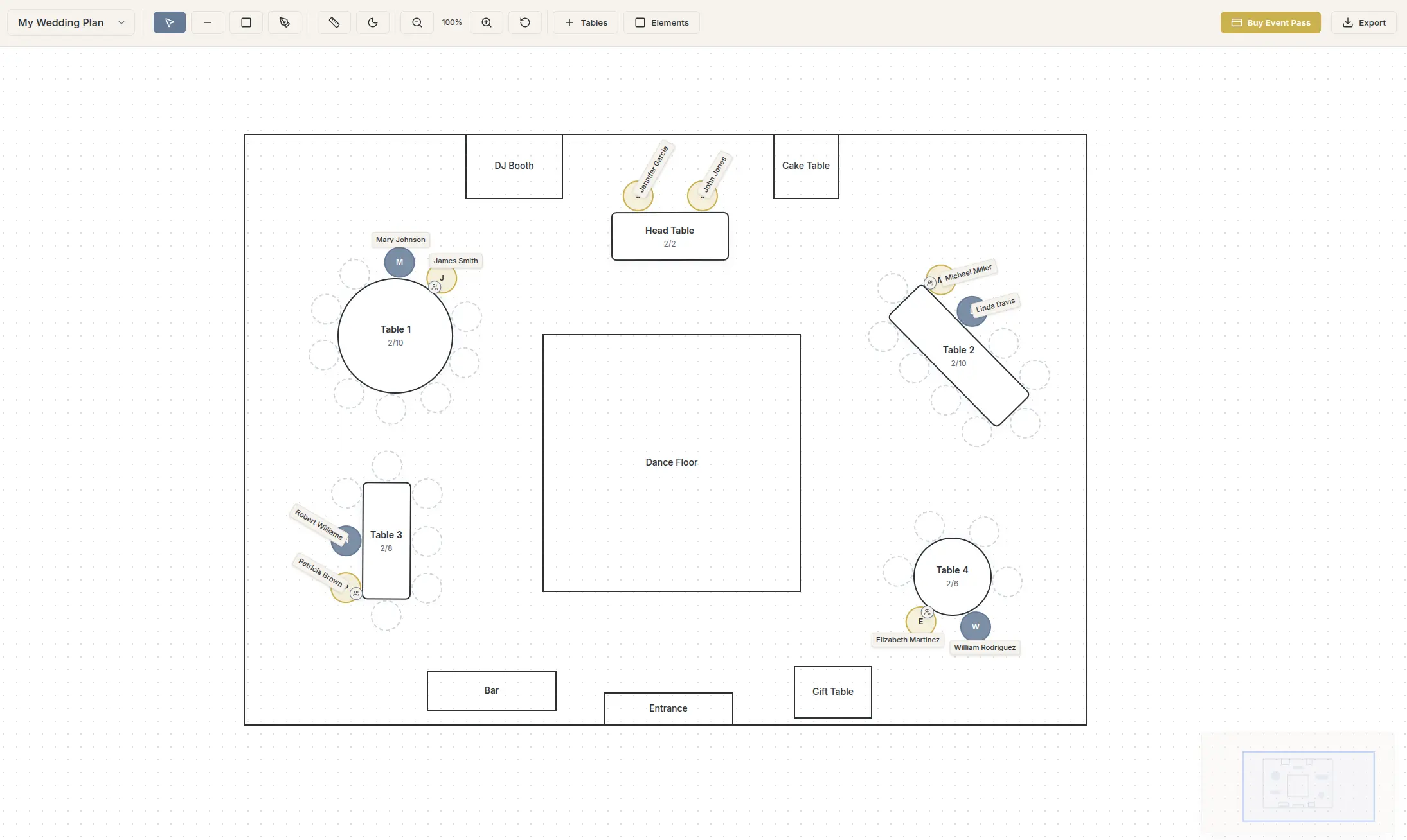 A screenshot of the SeatCanvas app showing the Draw Venue step with tables placed on a floor plan