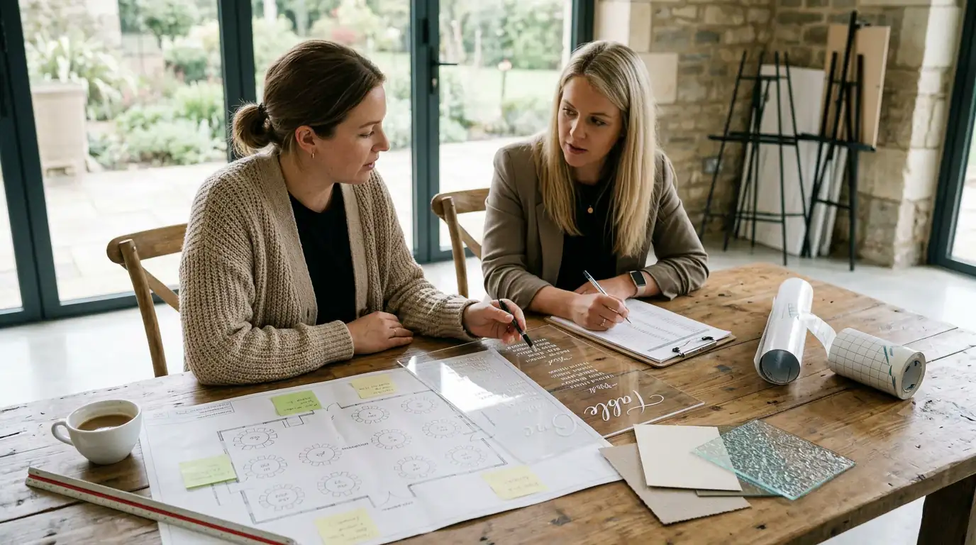 Two women at a wooden table hand-lettering a clear acrylic table sign, surrounded by a paper floor plan with round tables, colored sticky notes, and fabric swatch samples.