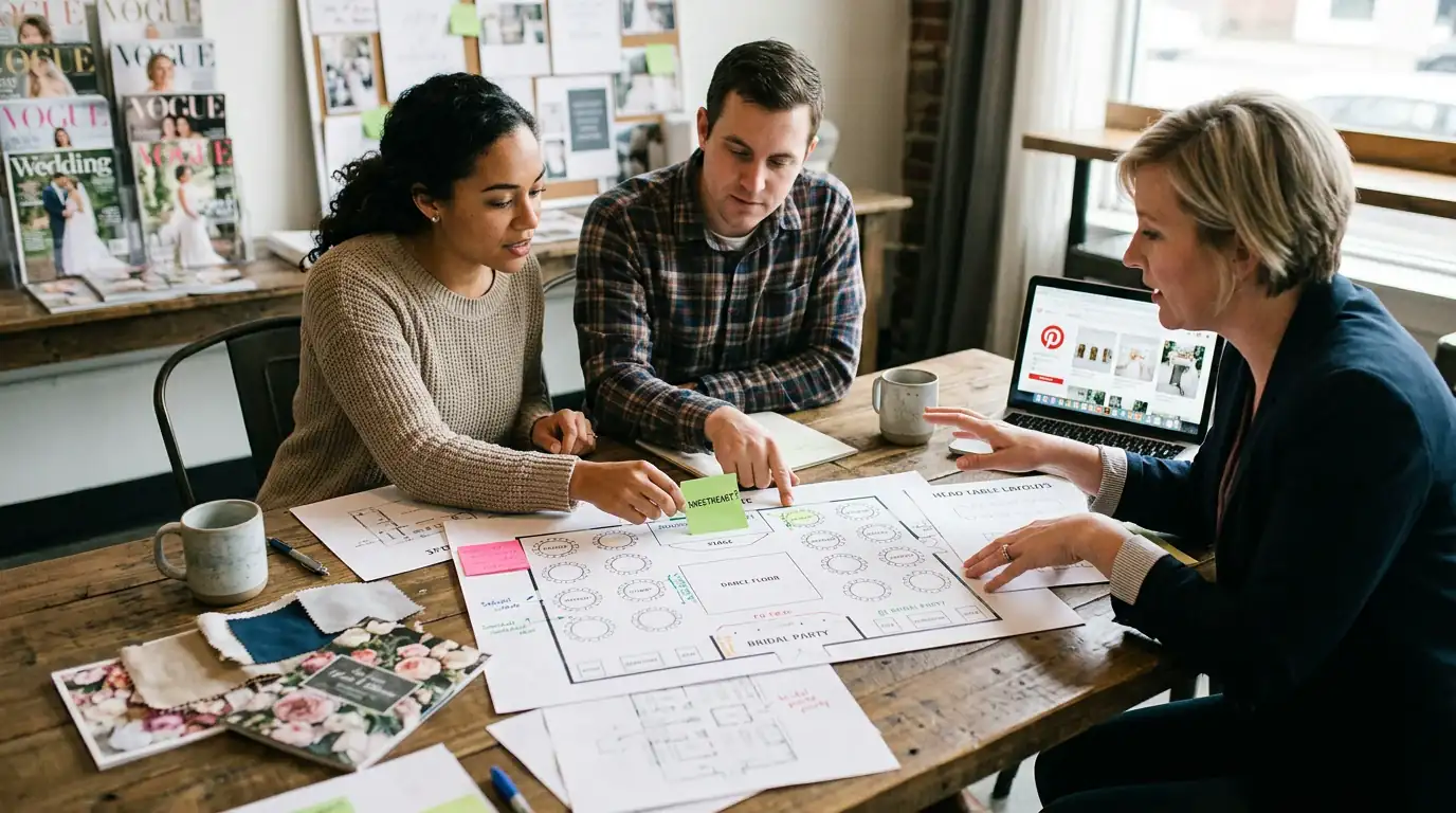 A couple and a wedding planner at a table reviewing a hand-drawn floor plan that sketches out a sweetheart table option and a head table layout, with a laptop and coffee mugs nearby.