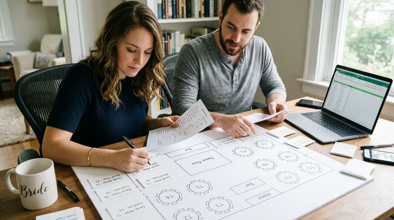 A couple writing individual guest place cards at a table covered with a hand-drawn floor plan of numbered round tables, a dance floor, and a bar, with a laptop spreadsheet open nearby.