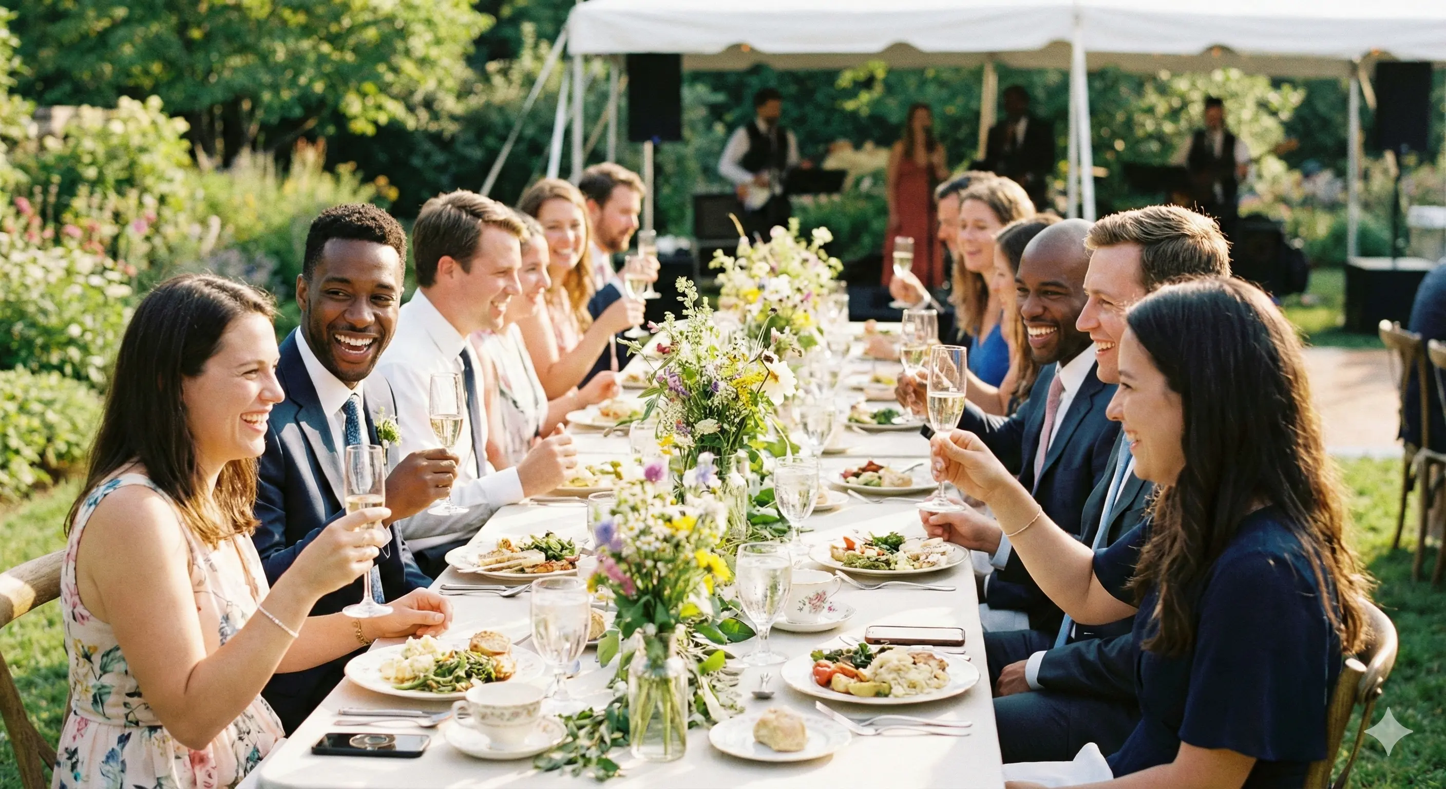 Smiling wedding guests raising a toast at a long banquet table under a white tent on a sunny lawn.