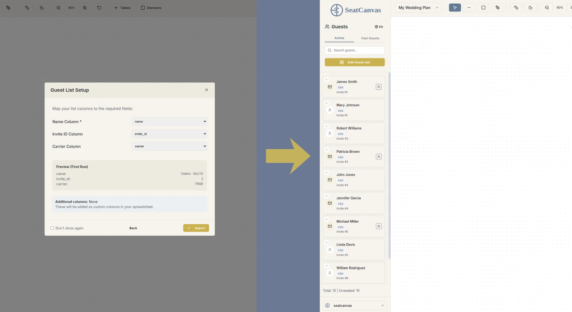 Side-by-side screenshot showing the SeatCanvas guest list import wizard mapping spreadsheet columns on the left and the populated guest list on the right