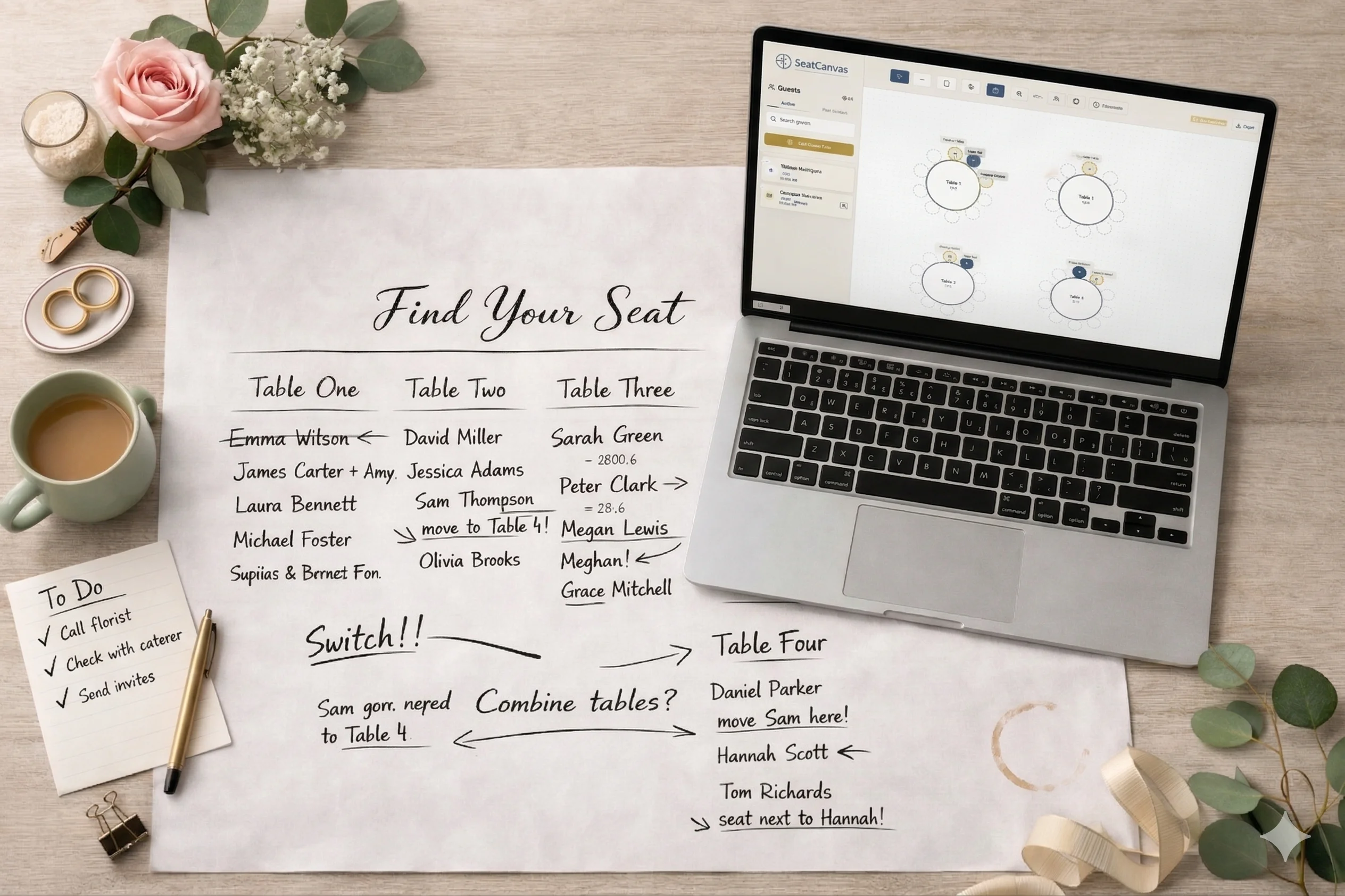 A printed outdoor wedding seating chart beside a laptop showing the matching SeatCanvas tent layout, ready for the rental crew.