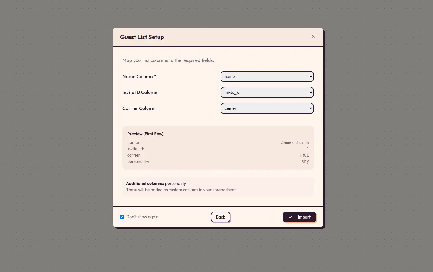 SeatCanvas import wizard mapping spreadsheet columns to guest fields for a large wedding guest list.