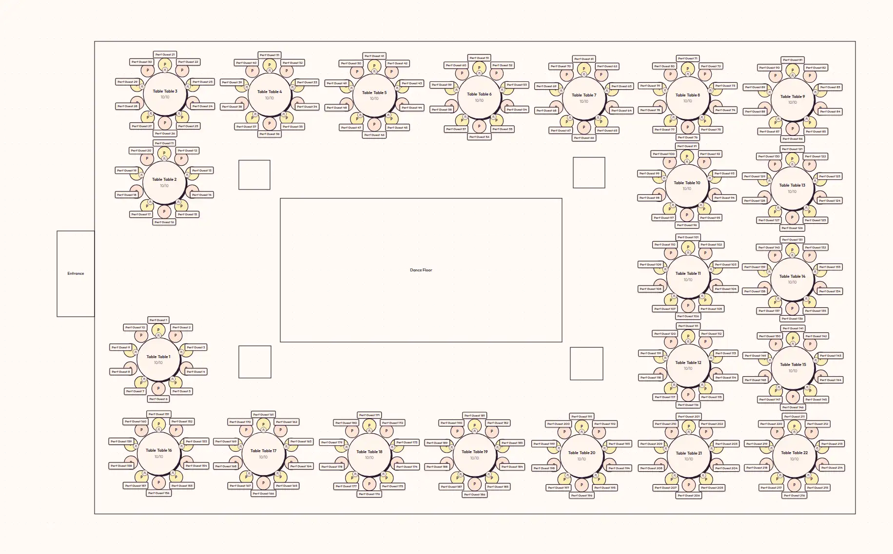 A finished SeatCanvas seating chart for a wedding showing round and rectangular tables with assigned guests.