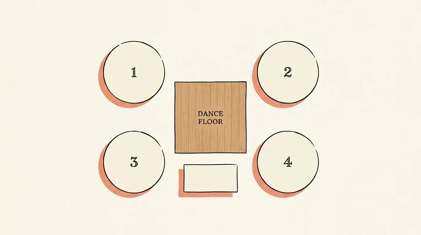 A small wedding floor plan being sketched in SeatCanvas with four round tables placed around a compact dance floor.