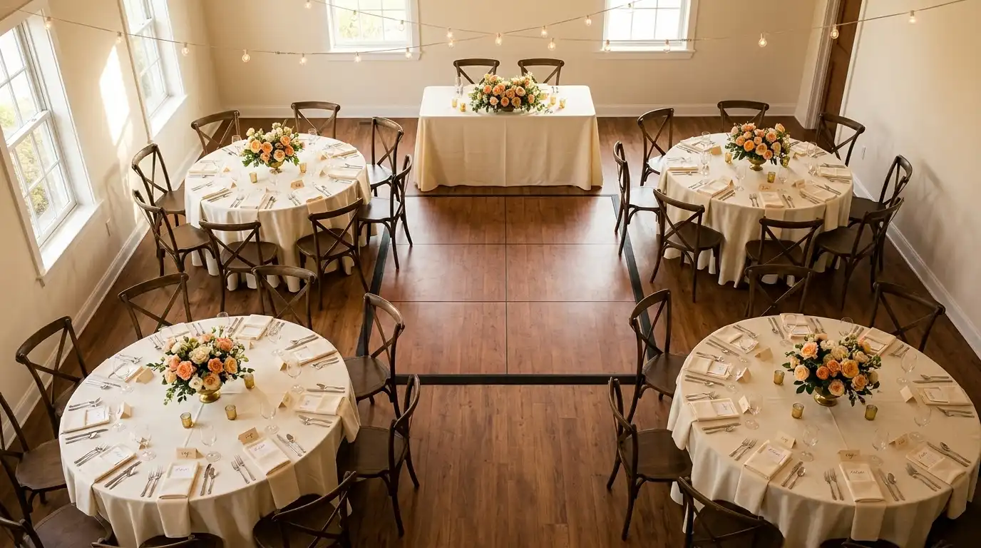A finished SeatCanvas chart for a small wedding showing a handful of round and rectangular tables with assigned guests.