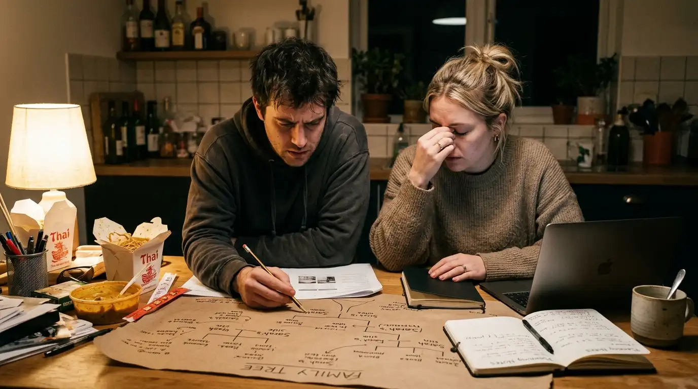 A couple looking stressed at a laptop while planning a wedding seating chart with divorced parents.