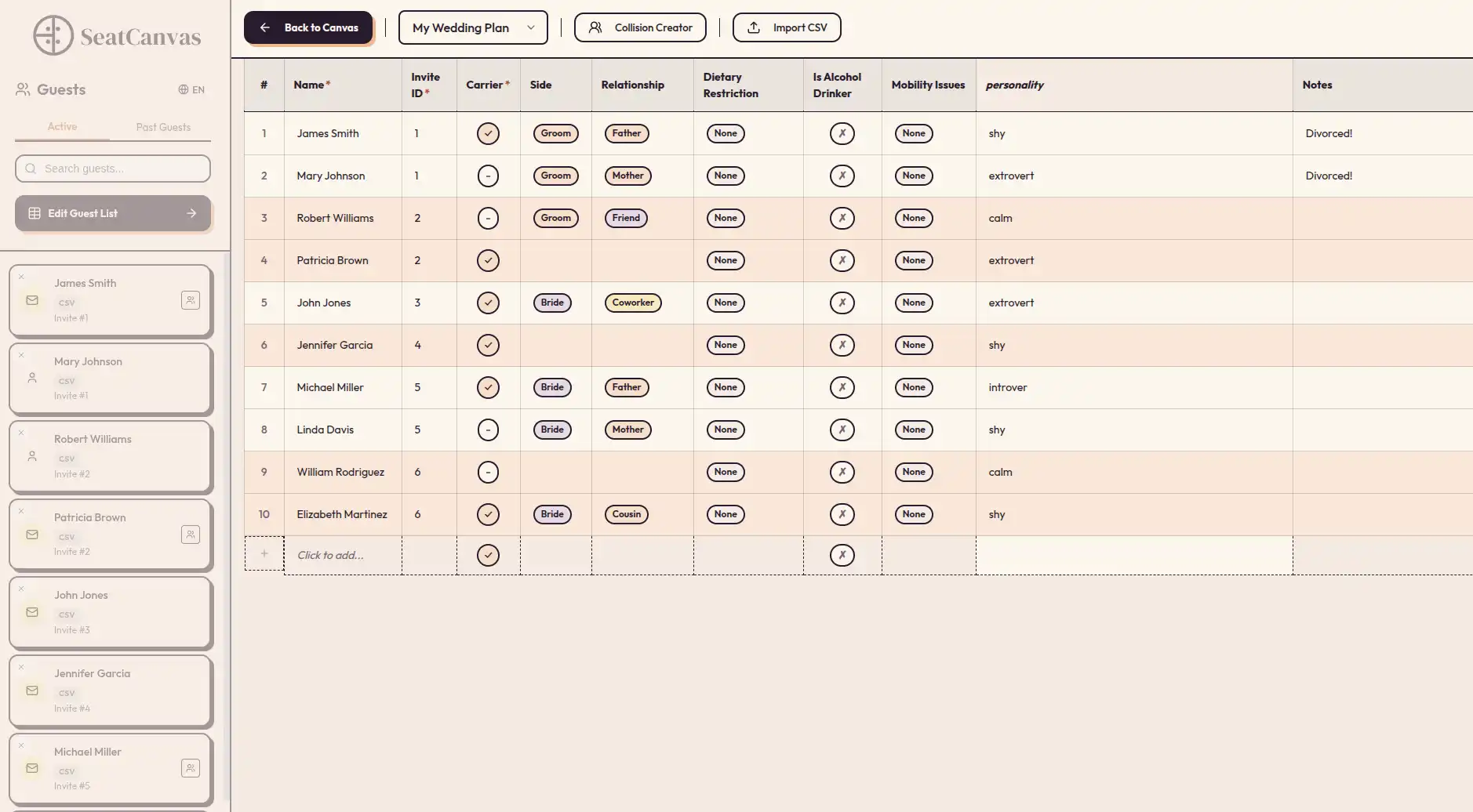 Importing a guest list into SeatCanvas through the column-mapping wizard, with separate notes for each parent's side of the family.