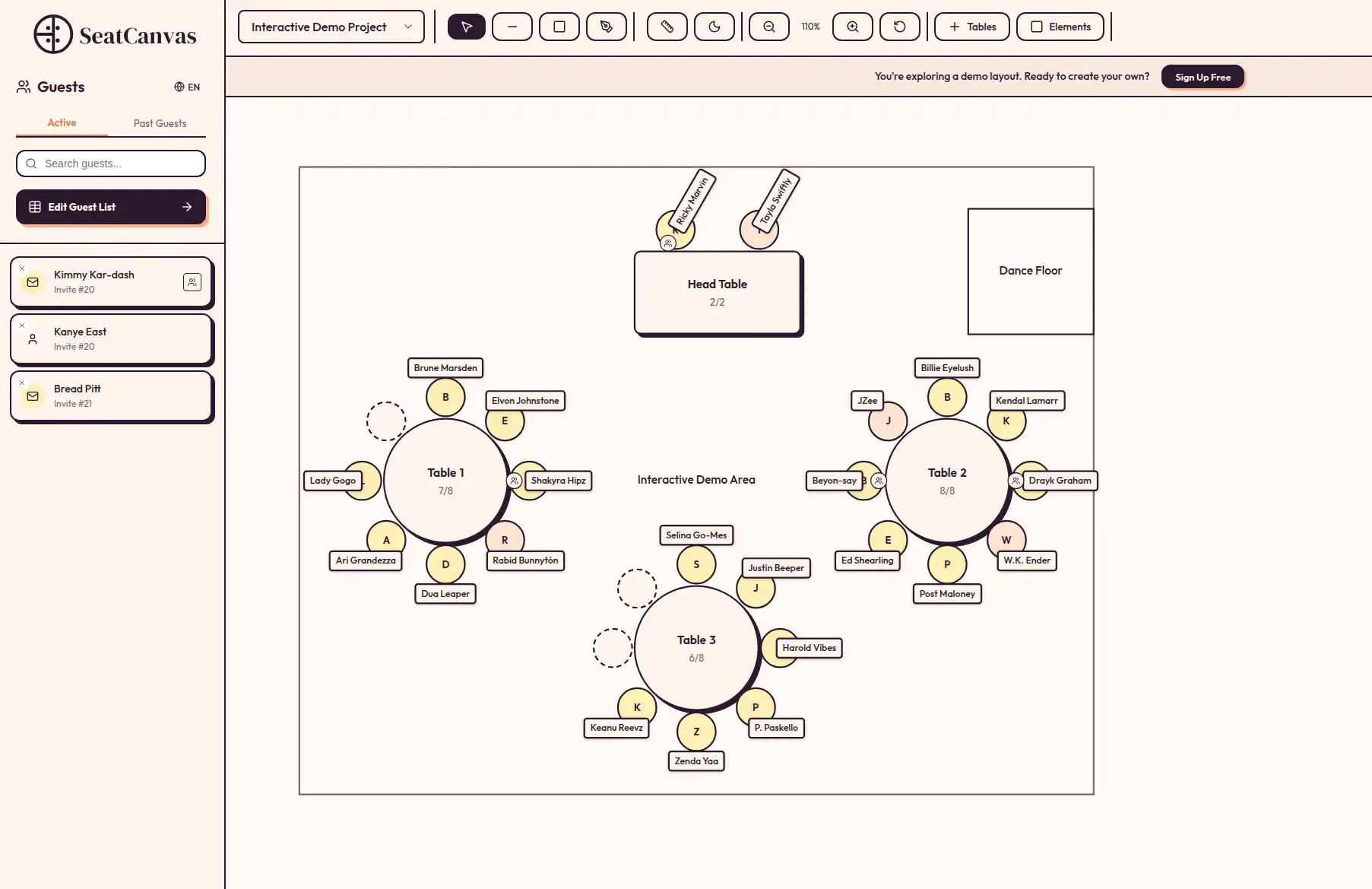 A finished SeatCanvas seating chart with the head table flanked by two parent tables placed on opposite sides of the dance floor.