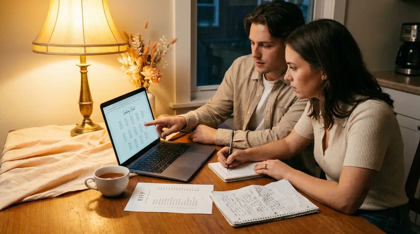 A DIY bride and her partner at the kitchen table working out the wedding seating chart on a laptop next to RSVP cards and a handwritten notebook.