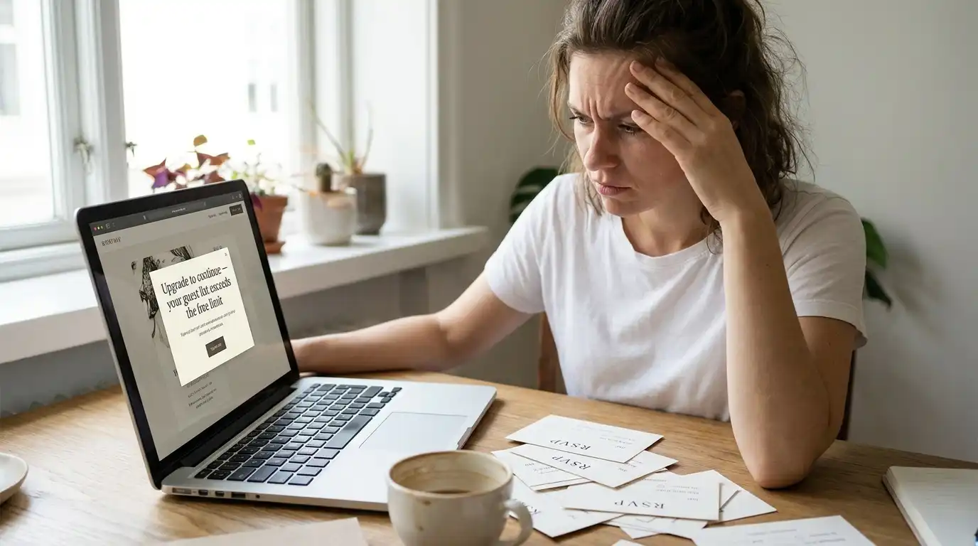 A bride looking stressed at a laptop, illustrating the frustration of hitting a free seating chart tool's hidden guest cap.