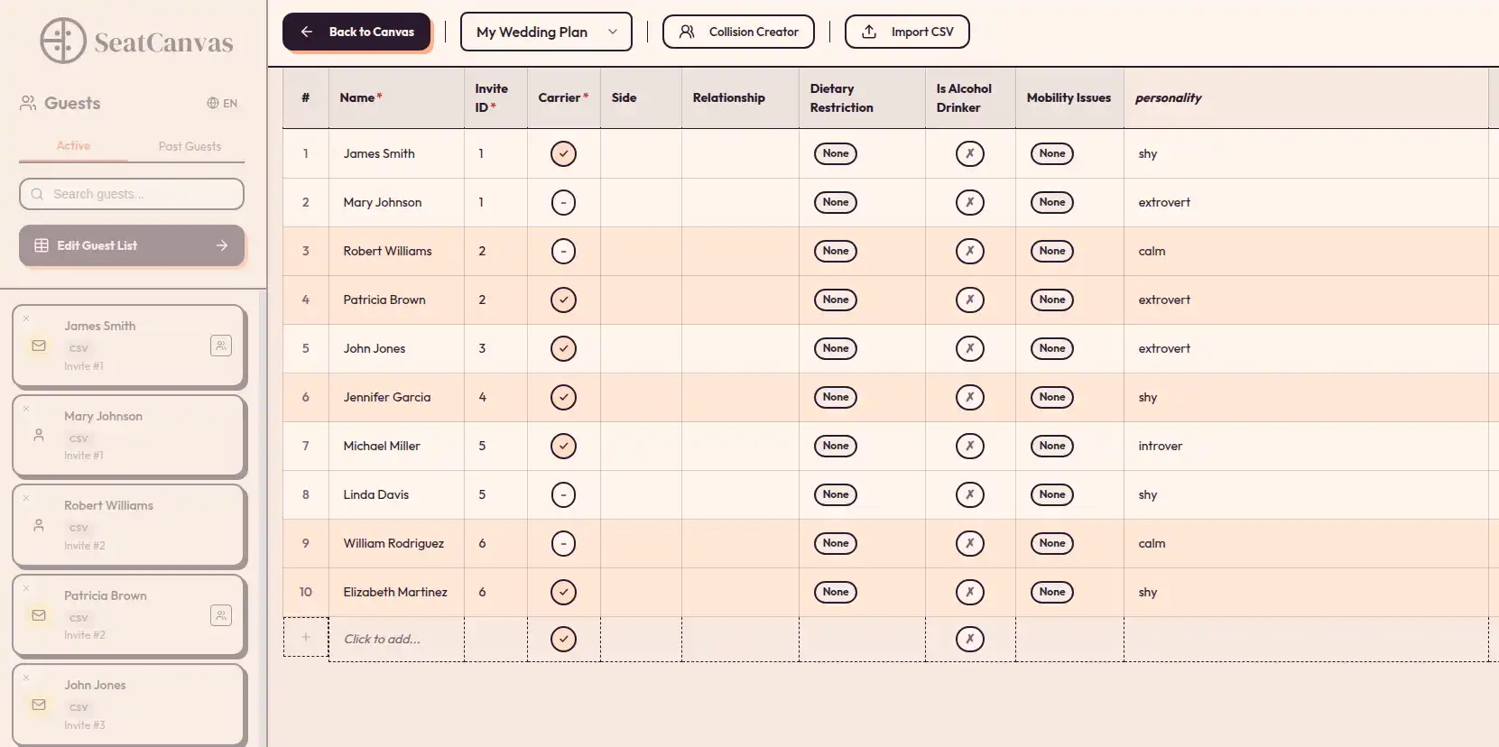 The SeatCanvas guest list view with imported names, dietary notes, and side columns a DIY bride can edit before seating anyone.