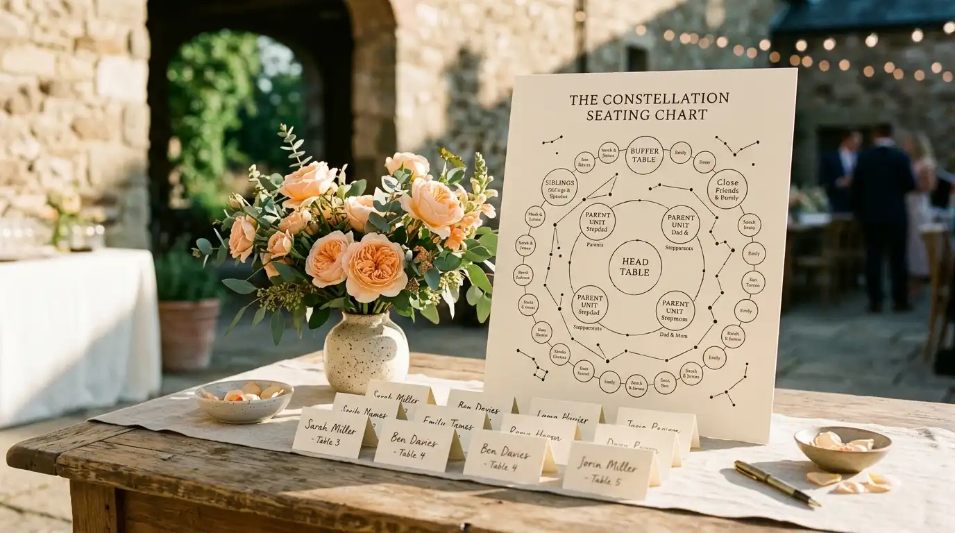 A printed seating chart for a blended-family wedding leaning against a centerpiece, with parent-unit tables placed symmetrically around the head table.