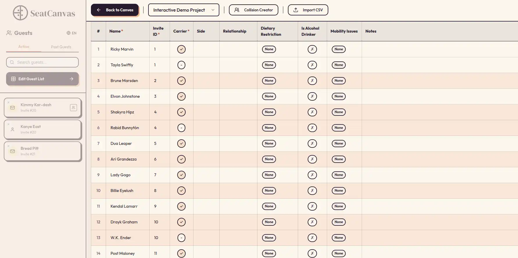 Add wedding guest list to SeatCanvas seating planner