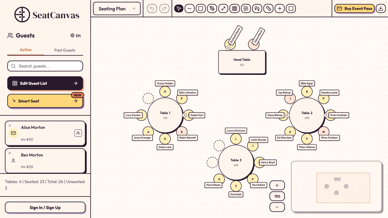 The SeatCanvas planner with a seating chart in progress: a head table and three round tables, guest names at most seats and three open seats, next to the guest list sidebar